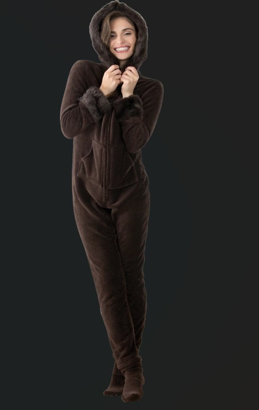 Pajamagram Hoodie Footie Brown Faux Fur Trim Fleece Large